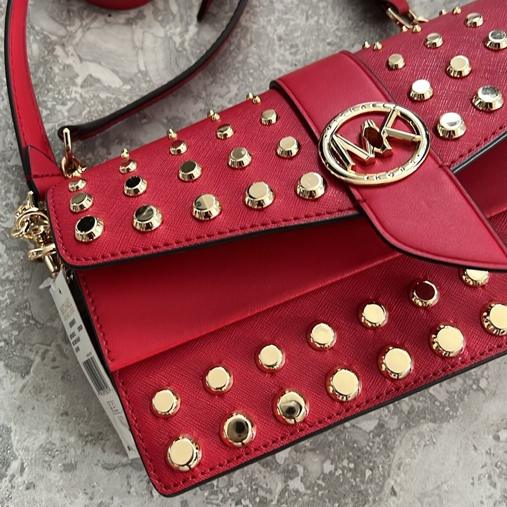 Michael Kors Studded Leather Convertible Shoulder Bag, Red NWT - Picture 6 of 9